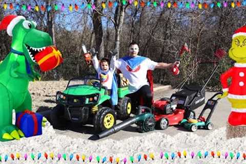 Fixing holiday lights with our lawn mower, chainsaw, leaf blower and weed eater | Mowers for kids