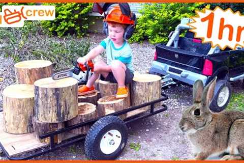 Real farm work compilation with kids toy truck, tractor, chainsaw, lawn mower, tools | Educational