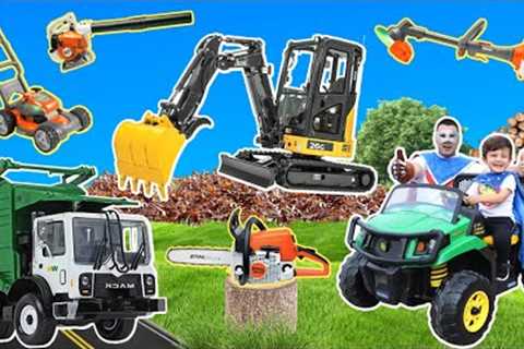 Using lawn mowers with garbage trucks and excavator in a mowing compilation with lawn tools for kids