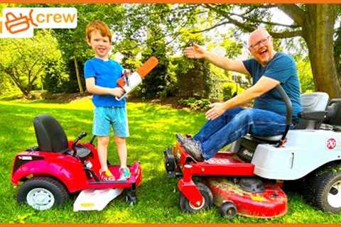 Landscaping race with zero turn, truck, tractor, chainsaw, and weed wacker. Educational | Kid Crew