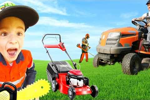 Lawn mowers leaf blower weed wacker for Kids Video | fire truck, garbage lorry, blippi toys | min